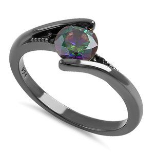 NWT .925 Sterling Silver Black Rhodium Plated Ring with Rainbow CZ Stones